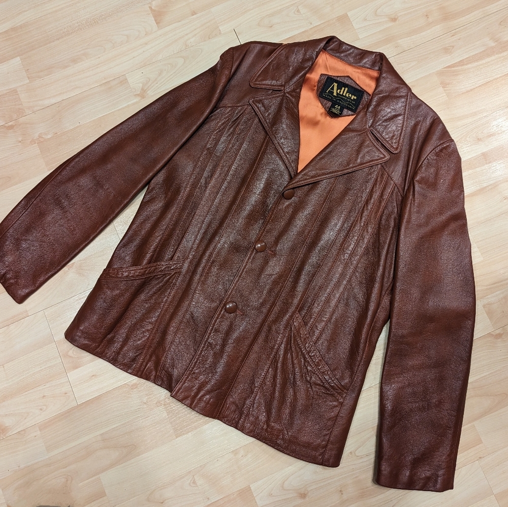 Vintage Brown Leather Jacket By Adler Size 44  Buttons Intact and Original